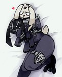 anthro bed chain clothing ear_piercing ear_ring fangs furniture heart_symbol hug hugging_object hugging_plushie jumpsuit lying lying_on_bed male on_bed on_side piercing plushie ring_piercing smile solo teeth thick_thighs wide_hips ongongio epic_games fortnite nitehare_(fortnite) lagomorph leporid mammal rabbit