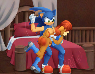angry anthro bed bedroom bodily_fluids breasts brush butt butt_slap canon_couple corporal_punishment crying duo featureless_breasts female furniture green_eyes hairbrush hands_behind_back hands_restrained male mostly_nude on_bed on_knee on_lap otk punishment reddened_butt restrained restrained_arms sitting sitting_on_bed slap spank_marks spank_marks_on_ass spanked_butt spanking tears welts sugarcraft_productions sega sonic_the_hedgehog_(satam) sonic_the_hedgehog_(series) sally_acorn sonic_the_hedgehog chipmunk eulipotyphlan ground_squirrel hedgehog mammal rodent sciurid