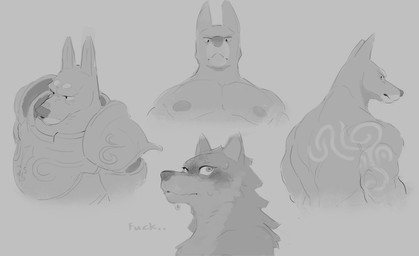 anthro armor blush flustered looking_at_viewer looking_back male muscular muscular_male nipples pecs profanity text thinking unsavoryimpcat nintendo the_legend_of_zelda link_(wolf_form) canid canine canis darknut mammal wolf absurd_res english_text hi_res monochrome