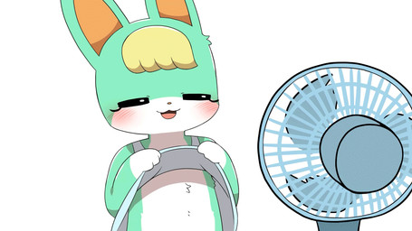 anthro belly black_eyes blonde_hair blush clothed clothing clothing_lift electric_fan femboy fur gloves_(marking) green_body green_ears green_fur hair male markings multicolored_body multicolored_fur narrowed_eyes open_mouth open_smile oscillating_fan shirt shirt_lift simple_background smile solo standing topwear two_tone_body two_tone_fur white_background white_body white_fur sum animal_crossing nintendo sasha_(animal_crossing) lagomorph leporid mammal rabbit 16:9 2d_animation animated animated_gif hi_res short_playtime widescreen