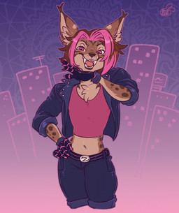 anthro black_clothing black_jacket black_topwear bottomwear brown_body brown_fur brown_hair clothed clothed_anthro clothed_male clothing crossgender femboy ftm_crossgender fur gloves hair handwear jacket looking_at_viewer male markings multicolored_hair pants pink_clothing pink_eyes pink_hair pink_shirt pink_tank_top pink_topwear shirt solo spots spotted_body spotted_fur tank_top topwear two_tone_hair kidcub zaide_(ashkelling) felid feline lynx mammal 2026 hi_res
