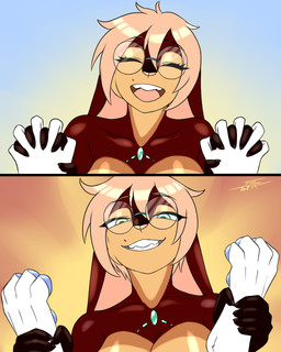 amazon_position ambiguous_gender anthro bared_teeth blue_eyes blue_pawpads brown_body brown_fur dominant dominant_female ears_down eyewear female female/ambiguous fur gem gem_on_chest glasses hair hand_holding hand_on_leg holding_both_legs holding_feet holding_legs_open holding_legs_up long_ears markings mole_(marking) mole_over_mouth multicolored_eyes offscreen_sex pawpads pink_hair pink_nose pivoted_ears sex short_hair smile smiling_at_another smiling_at_partner teeth_showing two_panel_image wearing_glasses white_body white_fur furball annalie animal_humanoid humanoid hybrid lagomorph lagomorph_humanoid laquine mammal mammal_humanoid tigsune 4:5 comic hi_res meme herm_(lore)