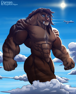 aircraft airplane anthro big_muscles calm claws cloud fangs finger_claws fur fur_markings huge_muscles hyper hyper_muscles macro male markings muscular muscular_anthro muscular_male sharp_teeth sky skyscape smile solo sun teeth vehicle walking agonwolfe darren_(deredek) felid mammal prehistoric_species saber-toothed_tiger