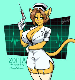 anthro bottomwear breasts brown_hair buckle clothing description ears_down eyebrows female fur green_eyes hair hat headgear headwear needler nurse nurse_clothing nurse_hat nurse_headwear nurse_uniform pivoted_ears poland polish_people's_republic skirt small_waist smile smiling_at_viewer solo tail text thick_thighs uniform wearing_hat yellow_body yellow_fur chisheq zofia_(chisheq) domestic_cat felid feline felis mammal hi_res