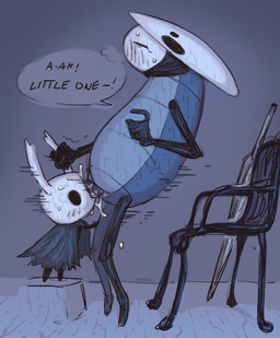 animal_genitalia anthro armor blue_body blush blush_lines bodily_fluids breath chair cloak clothed clothing cum cum_in_eye cum_splatter duo ejaculation erection eye_penetration furniture genital_fluids genital_slit genitals headgear helmet horn horned_helmet male male/male mask mask_on_head nail_(weapon) orgasm partially_clothed sex shaking shaking_orgasm size_difference standing standing_sex sweat sweatdrop text thrust_lines thrusting weapon wearing_mask waddehe hollow_knight_(franchise) team_cherry quirrel_(hollow_knight) the_knight_(hollow_knight) arthropod vessel_(species) english_text