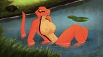 anthro areola bathing breasts clothing clothing_aside female horn lake nipples nude outside partially_submerged solo tail water fieryashy mythology dragon lizard mythological_creature mythological_scalie reptile scalie 16:9 widescreen