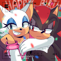 anthro arm_on_shoulder black_body black_fur blue_eyeshadow breasts camera_view cleavage clothed clothing duo eyeshadow female frown fur gloves green_eyes grin half-closed_eyes handwear happy_birthday makeup male narrowed_eyes red_body red_eyes red_fur selfie smile text white_body white_fur chinchilla010 sega sonic_the_hedgehog_(series) rouge_the_bat shadow_the_hedgehog bat eulipotyphlan hedgehog mammal 1:1 2020 english_text hi_res