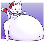 :3 accessory anthro belly big_belly blush blush_lines bow_ribbon burping crossed_arms deep_navel eyes_closed female fur furgonomics hair_accessory hair_sticks huge_belly hyper hyper_belly inflation navel nude overweight overweight_female resting_on_belly ribbons solo tail tail_accessory tail_bow tail_ribbon tiptoes white_body white_fur foamytail domestic_cat felid feline felis mammal