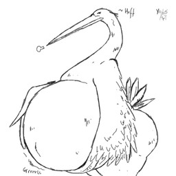 ambiguous_gender anthro belly big_belly feathers hand_on_belly huge_belly long_beak looking_at_viewer overweight rumbling_stomach sigh solo text wings yauhasart avian bird 1:1 2025 english_text hi_res monochrome watermark