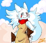 anthro biped clothed clothing female fluffy fluffy_tail fur heterochromia pink_nose red_eyes smile snout solo standing tail tan_dress teal_eyes white_body white_fur white_tail beatrix_bat canid canine mammal aliasing digital_media_(artwork) low_res oekaki source_request