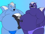 anthro belly belly_hug between_bellies big_belly big_dom_small_sub blue_body blue_fur clothing dominant fur group male male/male moobs overweight overweight_male purple_body purple_fur sandwiched size_difference thong trio underwear wolfox90210 gon_(series) furo_(gon_series) kungka badger honey_badger mammal mephitid mustelid musteline skunk 4:3 absurd_res hi_res