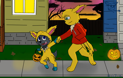 ambiguous_gender anthro building candy clothing costume dessert detailed_background duo food glistening holidays house public sunset trick-or-treating sesshaxiii halloween nintendo pokemon dusty_haze fan_character sparks_griffith eeveelution generation_1_pokemon generation_5_pokemon jolteon pokemon_(species) shiny_pokemon zorua hi_res father_(lore) parent_(lore) son_(lore)