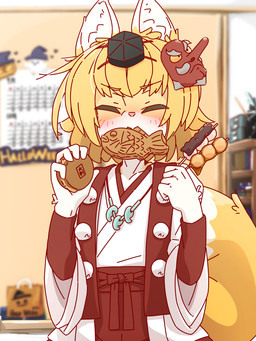 adolescent anthro beads blush blush_lines calendar clothing eyes_closed female food inside jewelry kemono magatama mask mask_of_tengu necklace noh_mask solo tail tail_motion tailwag young aogitsune_jitto canid canine fox mammal 2025 3:4 animated animated_png hi_res