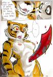 2014 anthro areola bear better_late_than_never big_breasts blood bodily_fluids breasts comic daigaijin death dialogue dreamworks duo english_text erect_nipples felid female genitals giant_panda kung_fu_panda male mammal master_po_ping master_tigress melee_weapon nipples nude ouch painting_(artwork) pantherine pussy stab sword text tiger traditional_media_(artwork) watercolor_(artwork) weapon