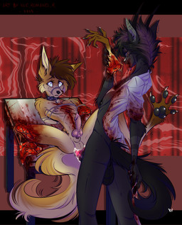 anal anal_penetration animal_genitalia animal_penis anthro anthro_on_anthro arms_tied balls blood blood_in_mouth blood_on_face blood_on_hand bodily_fluids bone bound canine_genitalia canine_penis collar cum cum_in_ass cum_inside dismembered dismemberment duo ear_piercing exposed_bone exposed_muscle flesh food forced furniture genital_fluids genital_piercing genitals gore gore_focus knot knotted_penis macabre male male/male meat mutilation nipple_piercing nipples paws penetration penis penis_piercing piercing rape rope severed_body_part sex sheath table tears tongue tongue_out torture belovedraven bovid canid canine caprine felid feline fox goat hybrid mammal true_fox absurd_res hi_res
