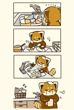 black_eyes brown_body chibi dot_eyes eyes_closed feral kemono one_eye_closed simple_eyes towel washing_dishes shi_nominmin ailurid mammal red_panda 2024 comic hi_res