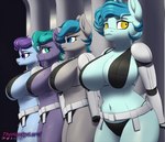 anthro armor belt big_breasts bikini blue_body bodily_fluids breasts cleavage clothed clothing female grey_body group guard hair lineup nervous pouting shaking simple_background sweat swimwear two-piece_swimsuit unconvincing_armor thehuskylord hasbro my_little_pony star_wars guardian_angel_(mlp) stormtrooper zoom_zephyrwing_(mlp) earth_pony equid equine horse mammal pony hi_res