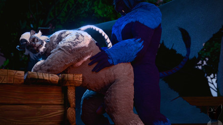 anthro anthro_on_anthro anthro_penetrated anthro_penetrating anthro_penetrating_anthro beard bent_over big_penis black_body black_fur black_nose black_stripes blue_body blue_fur blue_hair bouncing_butt butt erection facial_hair fangs from_behind_position fur genitals grey_body grey_fur grey_penis hair hip_grab humanoid_genitalia humanoid_penis intraspecies male male/male male_penetrated male_penetrating male_penetrating_male markings muscular muscular_anthro muscular_male nude outside penetration penis sex sharp_teeth sound_effects standing standing_doggystyle striped_body striped_fur striped_markings striped_tail stripes tail tail_markings tail_tuft teeth tent tuft white_body white_fur white_hair twitchyanimation final_fantasy final_fantasy_xiv final_fantasy_xiv:_shadowbringers square_enix marsak_apella meesha_ghostseeker felid hrothgar mammal 2026 3d_(artwork) 3d_animation animated digital_media_(artwork) hi_res huge_filesize loop short_playtime sound video voice_acted