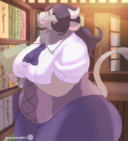 anthro big_breasts black_hair book breasts female fur grey_body grey_fur hair holding_book holding_object horn inside library long_hair neck_tuft overweight overweight_anthro overweight_female ponytail raised_tail smile solo standing tail tail_tuft tuft white_horn sasanoha6011 bovid bovine cattle mammal hi_res