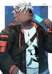 anthro black_body black_fur clothing facial_scar food fur hair jacket male popsicle red_eyes scar solo topwear white_hair yellow_sclera kt0414143919 lifewonders tokyo_afterschool_summoners tadatomo_(tas) canid canine canis domestic_dog mammal hi_res