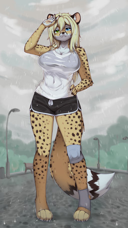 anthro female hair heterochromia raining solo wet wet_body wet_hair alphadesu sena_ryan cheetah felid feline mammal 9:16 absurd_res hi_res story story_in_description