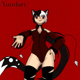 black_hair clothing female hair inner_ear_fluff jewelry legwear long_hair looking_at_viewer mischievous mischievous_smile necklace red_eyes sharp_teeth solo stockings tail teeth tuft white_hair shenyiolen yundari(shenyiolen) felid feline humanoid mammal hi_res watermark