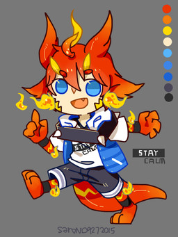 black_bottomwear black_clothing black_shorts blue_clothing blue_eyes blue_jacket blue_topwear bottomwear chibi clothed clothing color_swatch eyebrow_through_hair eyebrows grey_background hair horn jacket light_body light_skin looking_at_viewer male no_pupils open_mouth open_smile red_body red_hair red_horn shorts simple_background smile solo standing tan_body topwear translucent translucent_hair white_clothing white_topwear asnnonaka humanoid 2015 3:4 dated full-length_portrait portrait signature
