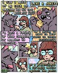 5_panel_comic abstract_background angry anthro blush bodily_fluids brown_hair dialogue duo eyewear female fur glasses grey_body grey_fur hair male nude round_glasses sharp_teeth sweat sweatdrop teeth text rawdawgcomics canid canine canis human mammal wolf 2025 4:5 artist_name comic digital_media_(artwork) english_text hi_res