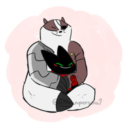 1_eye amputee anthro black_body black_fur blush blush_lines cape clothing cybernetics digitigrade disability duo fur hug machine male male/male red_clothing rvanpersival cartoon_network mao_mao:_heroes_of_pure_heart badgerclops sheriff_mao_mao_mao badger cyborg domestic_cat felid feline felis mammal mustelid musteline 1:1 absurd_res hi_res