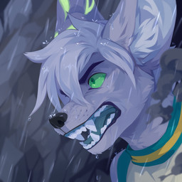 ambiguous_gender angry anthro black_nose blurred_background clothed clothing detailed_background fangs fur glistening glistening_eyes green_eyes green_sclera grey_body grey_fur grey_hair hair open_mouth raining rock solo teeth tongue unsigned wet wet_body wet_fur corzh77 canid canine fennec_fox fox mammal true_fox 1:1 absurd_res bust_portrait detailed hi_res icon portrait