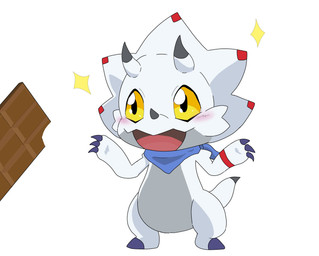 ambiguous_gender anthro blush candy chibi chocolate claws dessert facial_horn food horn kerchief nose_horn simple_background solo white_background tsuzyono3bai bandai_namco digimon digimon_ghost_game ceratopsian digimon_(species) dinosaur gammamon ornithischian prehistoric_species reptile scalie absurd_res hi_res