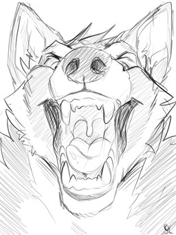 anthro cheek_tuft facial_tuft fangs front_view head_tuft looking_at_viewer male male_anthro mouth_shot narrowed_eyes nude open_mouth solo teeth tuft uvula solaxe_(artist) canid canine mammal 3:4 bust_portrait greyscale monochrome portrait sketch