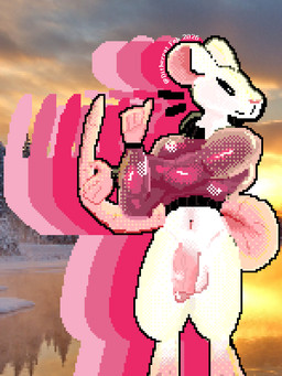 anthro big_tail bottomless clothed clothing femboy flaccid fur genitals male penis solo stretching_arms tail topwear topwear_only white_body white_fur dither_rat human mammal murid murine rat rodent 3:4 digital_media_(artwork) pixel_(artwork)