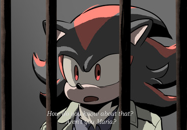 anthro black_body black_fur black_quills blue_clothing blue_shirt blue_topwear caption chest_tuft clothing coat cosplay dialogue fur male prison_bars quills_(anatomy) red_eyes red_stripes shirt solo stripes tan_inner_ear tan_mouth text topwear tuft white_chest_hair quavernsfw konami sega silent_hill sonic_the_hedgehog_(series) james_sunderland shadow_the_hedgehog eulipotyphlan hedgehog mammal english_text hi_res