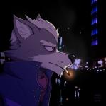 anthro cigarette clothed clothing fur grey_body grey_fur jacket male smoke smoking solo topwear habiyeru nintendo star_fox wolf_o'donnell canid canine canis mammal wolf 2019 digital_media_(artwork)