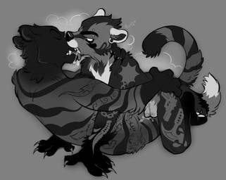 ambiguous_gender angry anthro arm_tattoo barbell_piercing big_clitoris bodily_fluids body_tattoo butt butt_grab claws clitoris drooling duo ear_piercing eyebrow_piercing facial_piercing female genitals hand_on_butt intersex intersex/female leg_tattoo looking_at_another looking_at_partner making_out markings neck_grab piercing saliva scar sex snarling striped_body striped_markings stripes tattoo teeth throat_scar tribadism tuft vaginal weapon wulferthing felid gulonine hybrid liger mammal mustelid musteline pantherine wolverine hi_res monochrome