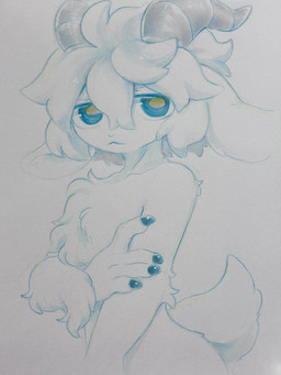 ambiguous_gender anthro blue_claws blue_eyes claws convenient_censorship finger_claws fluffy fluffy_chest fur hair simple_background solo tail white_body white_fur white_hair mochiri bovid caprine mammal sheep 2026 cel_shading hi_res shaded traditional_media_(artwork)
