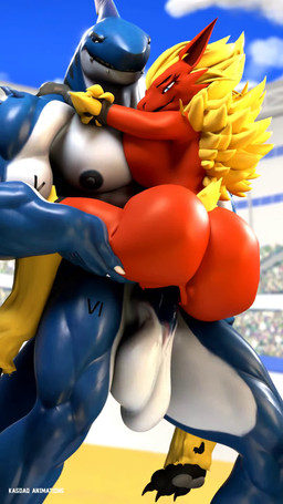 abs anthro anthro_on_anthro anthro_penetrating anus balls big_balls big_breasts big_butt big_penis black_nipples black_penis black_sclera black_talons blue_body blue_eyes blue_skin bouncing_balls bouncing_butt breasts butt claws duo exhibitionism facial_piercing feet female female_penetrated fin fur genitals gold_ring lip_piercing male male/female male_penetrating male_penetrating_female muscular muscular_male nipples nude outside penetration penile penile_penetration penis penis_in_vagina piercing pokemorph public public_nudity public_sex red_body ring_(jewelry) sex stand_and_carry_position standing standing_sex tail talons toes vaginal vaginal_penetration white_body white_skin yellow_body yellow_eyes yellow_fur kasdaq jarus_kais_(modeler) valorlynz_(modeler) nintendo pokemon abyss_(e-zoid) aquatic blaziken fish generation_3_pokemon pokemon_(species) shark 3d_(artwork) 3d_animation 9:16 animated digital_media_(artwork) hi_res high_framerate no_sound short_playtime video