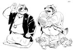 anthro asian_clothing balls big_balls clothing east_asian_clothing eyes_closed eyewear fundoshi genitals glasses humanoid_hands japanese_clothing kemono male overweight overweight_male robe simple_background sitting solo underwear white_background motogen canid canine mammal raccoon_dog tanuki 2011 monochrome