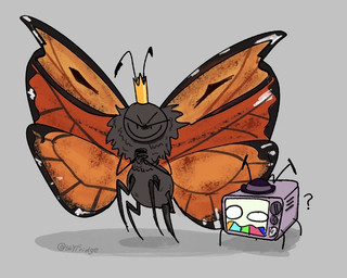 2_antennae 4_legs 4_wings ambiguous_gender antennae_(anatomy) anthro arthropod_abdomen bald black_antennae black_clothing black_hat black_headwear closed_smile clothing crown duo evil_face eyespots flying grey_background hands_together hat headgear headwear insect_wings lepidopteran_wings looking_at_viewer markings mouth_closed multi_wing multicolored_wings nude orange_wings purple_body round_head ruff screen simple_background simple_eyes smile spread_wings wing_markings wings skyfridge disney glitch_productions hoppers_(disney) pixar smg4 mr._puzzles titus_(hoppers) animate_inanimate arthropod butterfly insect lepidopteran