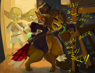 areola beverage big_breasts biped breasts clothed clothing dialogue drunk eyelashes eyes_closed female green_body group hair holding_beverage holding_object huge_breasts inside male nipples not_furry shortstack substance_intoxication text thick_thighs three-quarter_view grimmy goblin english_text