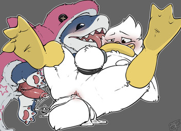 2_penises after_sex animal_genitalia animal_penis anthro anus ball_ring balls beak blush bodily_fluids butt chastity_cage chastity_device cum cum_in_ass cum_inside duo erection feathers feral genital_fluids genitals hemipenes licking looking_pleasured lying male male/male multi_genitalia multi_penis nude on_back penile penis simple_background tail teeth tongue tongue_out benji_(artist) marvel marvel_rivals drake_(an_dork) jeff_the_land_shark anatid anseriform aquatic avian bird duck fish land_shark_(species) mammal shark hi_res