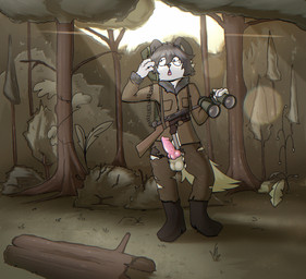 anthro binoculars bottomwear brown_bottomwear brown_clothing brown_coat brown_pants brown_topwear clothing coat detailed_background electronics forest grey_hair gun hair knot male male/male oblivious pants phone plant radio ranged_weapon solo topwear torn_bottomwear torn_clothing torn_pants tree weapon wire wrigglywormz chefoxara_(oc) arctic_fox canid canine fox mammal true_fox hi_res shaded