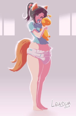 ageplay clean_diaper clothed clothing diaper female infantilism object_in_mouth pacifier pacifier_in_mouth roleplay solo wearing_diaper lewdua babynikachu animal_humanoid canid canine humanoid mammal