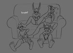 5_toes anthro bulge feet foot_fetish furniture gaming group hair hair_bun humanoid_feet male musk plantigrade sleepover smelly sofa soles toes bunnyfeet canid canine mammal monochrome signature