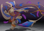 3_fingers 3_toes anthro blue_body blue_feathers clothing dancing feathers feet fingers fur male purple_body purple_feathers robe simple_background solo toes white_body white_fur frostidragon eikan avali hi_res