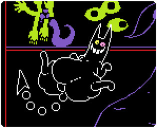 ambiguous_feral ambiguous_gender belly big_belly big_butt black_body border butt featureless_crotch feral heterochromia lying on_back overweight pointed_tail presenting presenting_hindquarters smile solo spade_tail tail teeth thick_thighs white_border pookypalace deltarune undertale_(series) friend_(deltarune) felid feline mammal digital_media_(artwork) pixel_(artwork)