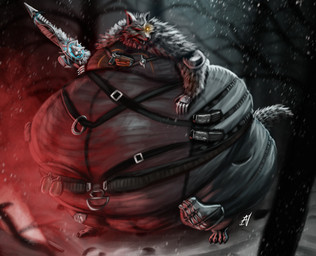 anthro armor barefoot belt belt_buckle belt_pouch buckle claws clothed clothing fangs feet fur glowing glowing_eyes head_turned holding_object holding_weapon knee_pads male morbidly_obese morbidly_obese_anthro morbidly_obese_male obese obese_anthro obese_male open_mouth overweight overweight_anthro overweight_male snow snowing solo standing tail teeth weapon ian-exe activision call_of_duty canid canine canis mammal wolf 2024 hi_res signature