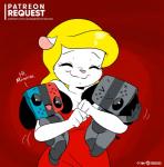 blonde_hair clothed clothing dialogue eyes_closed female fully_clothed fur group hair hug smile text white_body white_fur wide_hips joaoppereiraus animaniacs nintendo nintendo_switch warner_brothers minerva_mink switch_(joaoppereiraus) switch_dog switchy_(joaoppereiraus) animate_inanimate mammal mink mustelid musteline true_musteline crossover english_text hi_res url