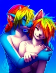 anthro duo ear_piercing eyes_closed fur hair hug humanoid_pointy_ears interspecies kissing male male/male multicolored_hair piercing pointy_ears rainbow_hair sparklefur white_body white_fur falvie mythology ramzyuu_(ramzyru) revy_(revy) domestic_cat dragon felid feline felis mammal mythological_creature mythological_scalie scalie colorful_theme digital_media_(artwork)